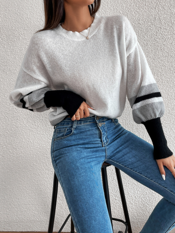 Lady Colorblock Fashion Crewneck Long Sleeve White Sweater