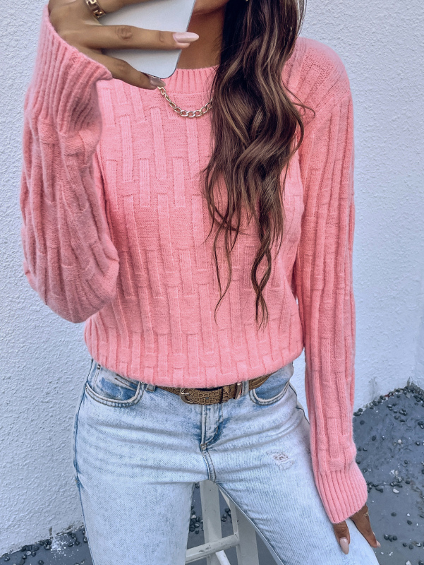Lady Solid Color Fashion Crewneck Long Sleeve Pink Sweater
