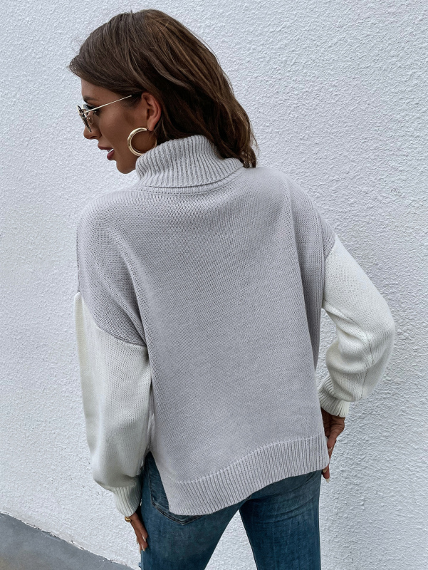 Women Basic Colorblock High Neck Long Sleeve White Gray Pullover Sweater