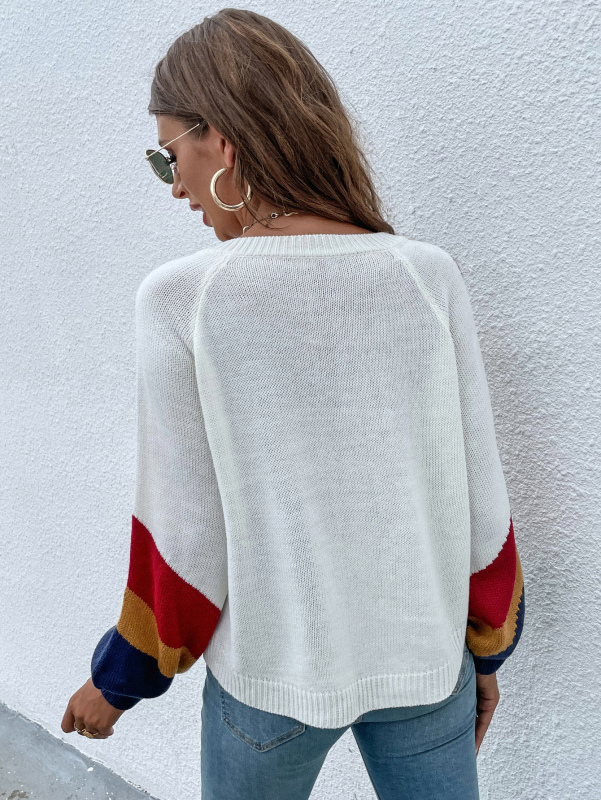 Women Colorblock White V-neck Long Sleeve Pullover Sweater