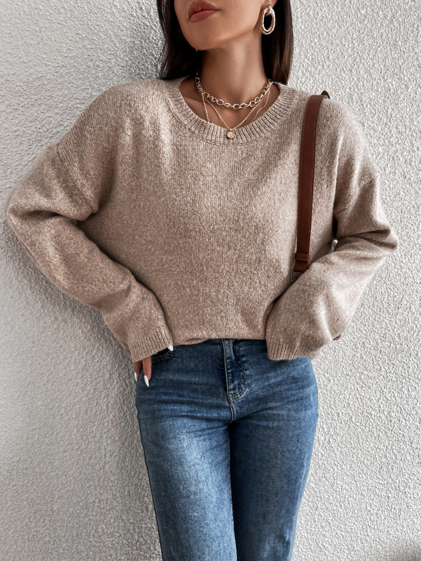 Women Trendy Solid Color V-neck Long Sleeve Brown Sweater