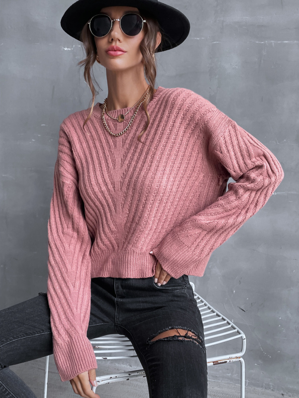 Lady Solid Color Fashion V-neck Long Sleeve Pink Sweater