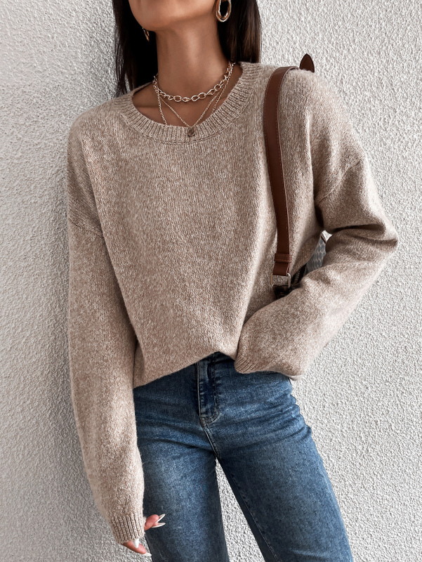 Women Trendy Solid Color V-neck Long Sleeve Brown Sweater