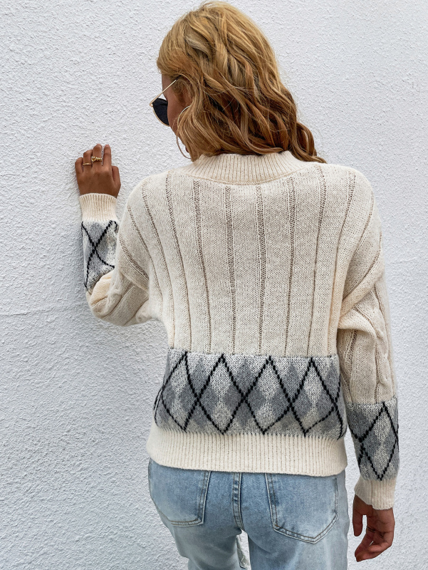 Lady Colorblock Fashion Crewneck Long Sleeve Beige Sweater