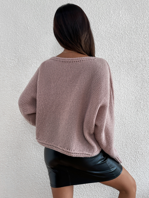 Women Trendy Solid Color V-neck Long Sleeve Purple Sweater