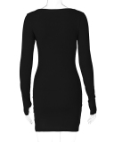 Square Neck Long Sleeve Slit Solid Color Elegant Women One-piece Dress Black Green Camel S-L