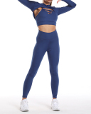 Women Solid Color Long Sleeve Strappy Yoga Three Piece Set Black Blue Grey S-XL