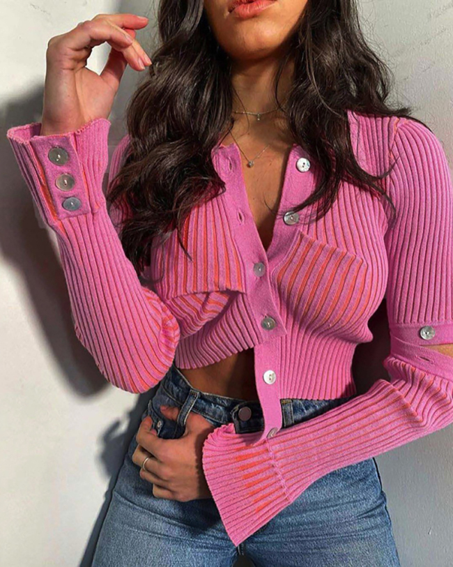 Women Solid Color Irregular Lapel Long Sleeve Tops Pink S-L