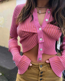 Women Solid Color Irregular Lapel Long Sleeve Tops Pink S-L