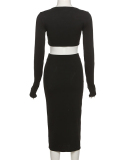 Women's Fashion Long Sleeve V-neck Crop T-shirt Slim Fit Split Skirt Set Black S-L