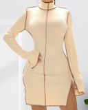 Hot Sale Long Sleeve Turtleneck Slit Patchwork Mini Dress Plus Size Dresses Apricot Orange S-5XL