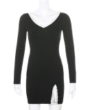Women Long Sleeve Square Neck Solid Color Slit Bodycon Casual Dresses White Black S-L
