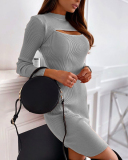 Women Fashion Sexy Hollow Out Long Sleeve Solid Color Slim Side Slit Casual Dress S-3XL