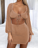 Lady Solid Color Sexy Long Sleeve Crop Tops Two Piece Set Black Gray Khaki Orange S-3XL