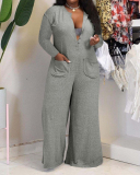 Ladies Large Size Home Casual Fashion Pure Color Loose Jumpsuit Long Sleeve XL-5XL