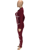 Women Long Sleeve Colorblock Zipper Neck Jumpsuits Gray Black Wine Red S-3XL