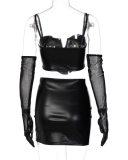 Women Solid Color Long Sleeve PU Sling Tube Top Two Piece Sets Black S-L