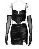 Women Solid Color Long Sleeve PU Sling Tube Top Two Piece Sets Black S-L