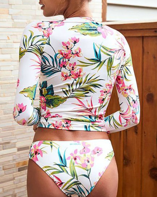 Fashion New Bikini Swimsuit Printed Ladies Split Long Sleeve Swimwear S-XL