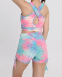 Ladies New Bubble Vest Yoga Sports Multicolor Tie Dye Shorts Bra Set S-L