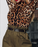 Lady High Neck Long Sleeve Sexy Leopard Bodysuit S-L