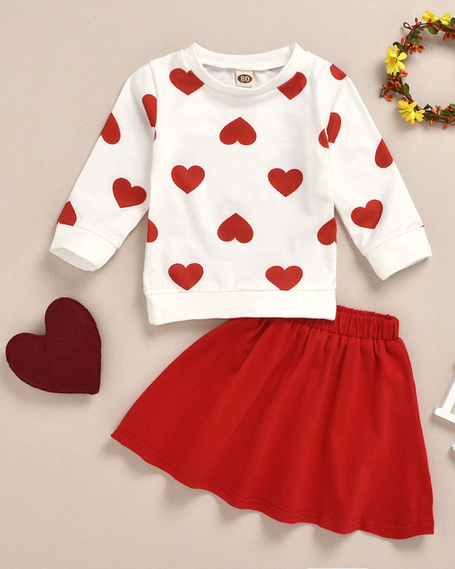 Girls' Suit Round Neck Heart Long-sleeved Top And Skirt Two-piece Suit