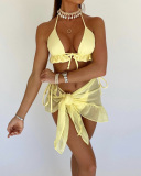 Women's Solid Color V Neck Ruched Mesh Three-piece Swimsuit Yellow Purple S-L