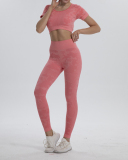 Ladies New Style Shortsleeved Seamless Nude High-Waist Yoga Pants Sports Two-Piece Suit S-L