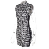 Women Sleeveless Fashion Printed One-piece Dress Black S-L