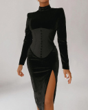 Elegant Long Sleeve Corset Slim Waist High Slit Fit Bodycon One-piece Dress Black S-L