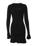 Women Hollow Out Solid Color Flared Sleeves Ruffles Slim Fit One-piece Dress Black S-L