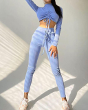 Women Solid Color Long Sleeve High Neck Drawstring Crop Top Slim Pants Sports Wear Two-piece Pant Set Blue Apricot Black S-L