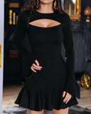 Women Hollow Out Solid Color Flared Sleeves Ruffles Slim Fit One-piece Dress Black S-L
