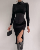 Elegant Long Sleeve Corset Slim Waist High Slit Fit Bodycon One-piece Dress Black S-L