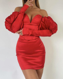 Off Shoulder Long Puff Sleeve Backless V Neck Solid Color Elegant Women One-piece Dress Evening Dress Red S-L