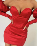 Off Shoulder Long Puff Sleeve Backless V Neck Solid Color Elegant Women One-piece Dress Evening Dress Red S-L