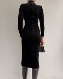 Elegant Long Sleeve Corset Slim Waist High Slit Fit Bodycon One-piece Dress Black S-L