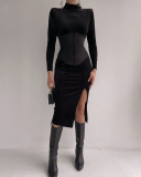 Elegant Long Sleeve Corset Slim Waist High Slit Fit Bodycon One-piece Dress Black S-L