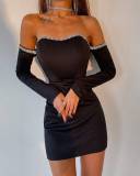 Women Long Sleeve Solid Color Diamond Slim One-piece Dress White Red Black S-L