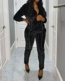 Lady Solid Color Long Sleeve Causal V-Neck Two Piece Set Black S-XL