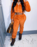 Lady Causal Solid Color Sporty Zipper Hooded Two Piece Set Orange S-2XL