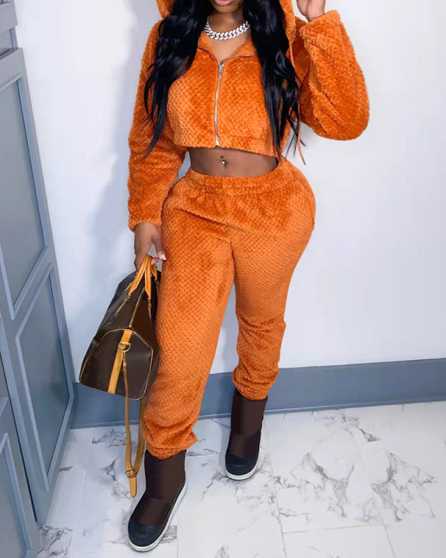 Lady Causal Solid Color Sporty Zipper Hooded Two Piece Set Orange S-2XL