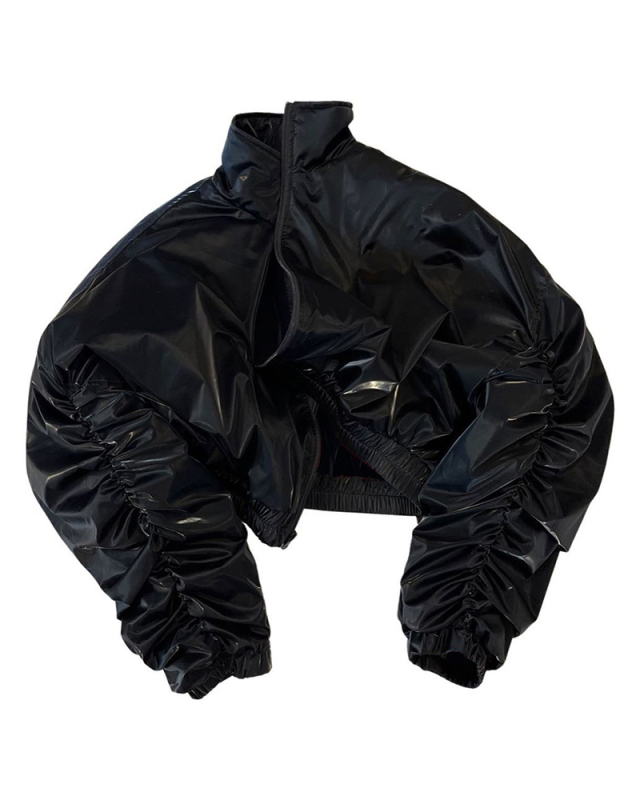 Women Solid Color PU Tops Coats Black S-2XL