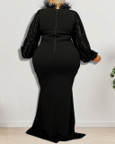 Women Long Sleeve Lace Neck Sequin Top Slim Long Plus Size Dresses Red Black XL-5XL