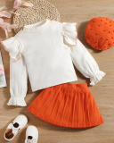 Girls Suit Lantern Sleeve Knitted Lotus Leaf Pleated Skirt with Hat Three-Piece Suit 90CM-130CM