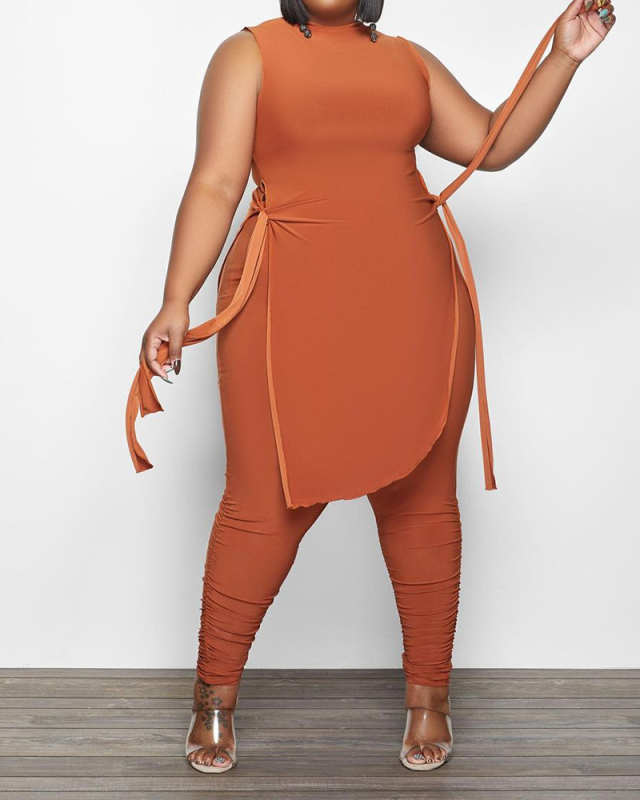 Sleeveless Women Plus Size Women Solid Color Two Piece Pant Set XL-5XL