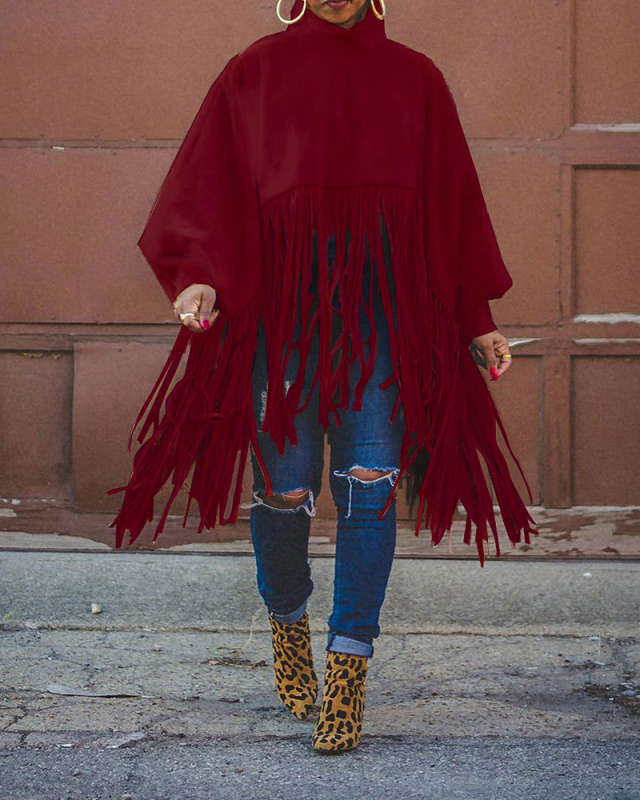 Fashion Solid Color Long-sleeved Fringed Top Winter Wear Black Khaki Wine Red Army Green Deep Blue Deep Gray S-5XL