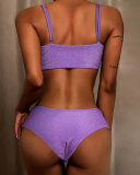 Lady Solid Color Sling High Waist Two Piece Swimwear Purple S-L
