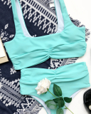 Women Solid Color Square Neck High Waist Two-piece Swimsuit Green S-L