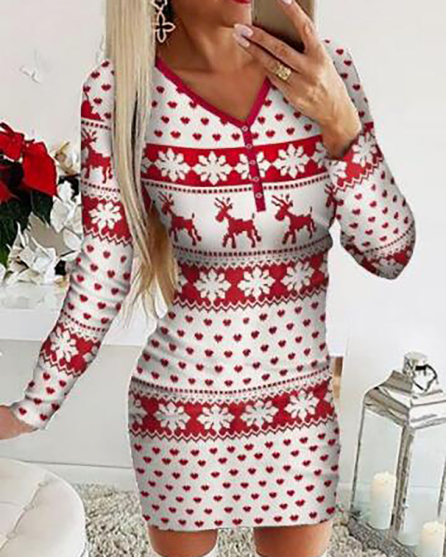 Ladies Fashion New Long Sleeve Christmas Printing Long Sleeve Slim Dress S-XXL